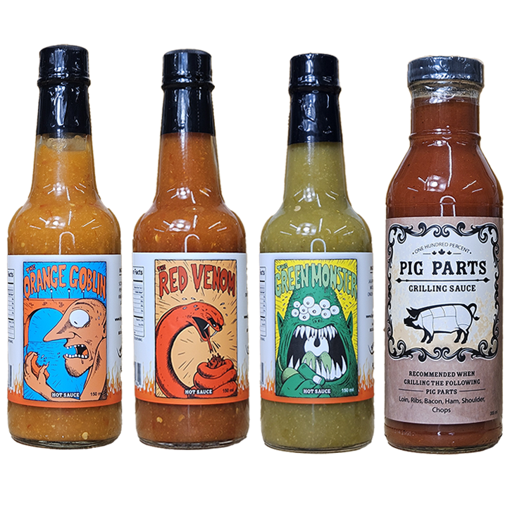 4 jars side by side. 1 pig parts marinade sauce, 3 hot sauces. Green Monster, Red Venom and Orange Goblin